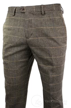 Dx-7 – Men’s Tweed Check Trouser Herringbone Tan Brown Regular