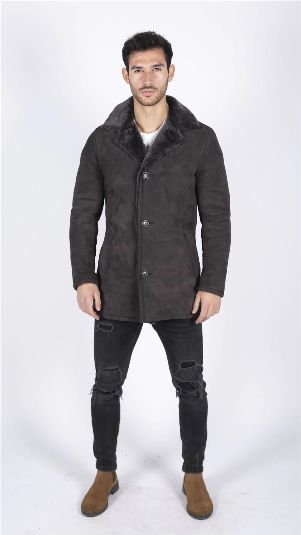 Mens Real Sheepskin Coat Brown Vintage Classic 3/4 Jacket Button Down V Neck - Image 2