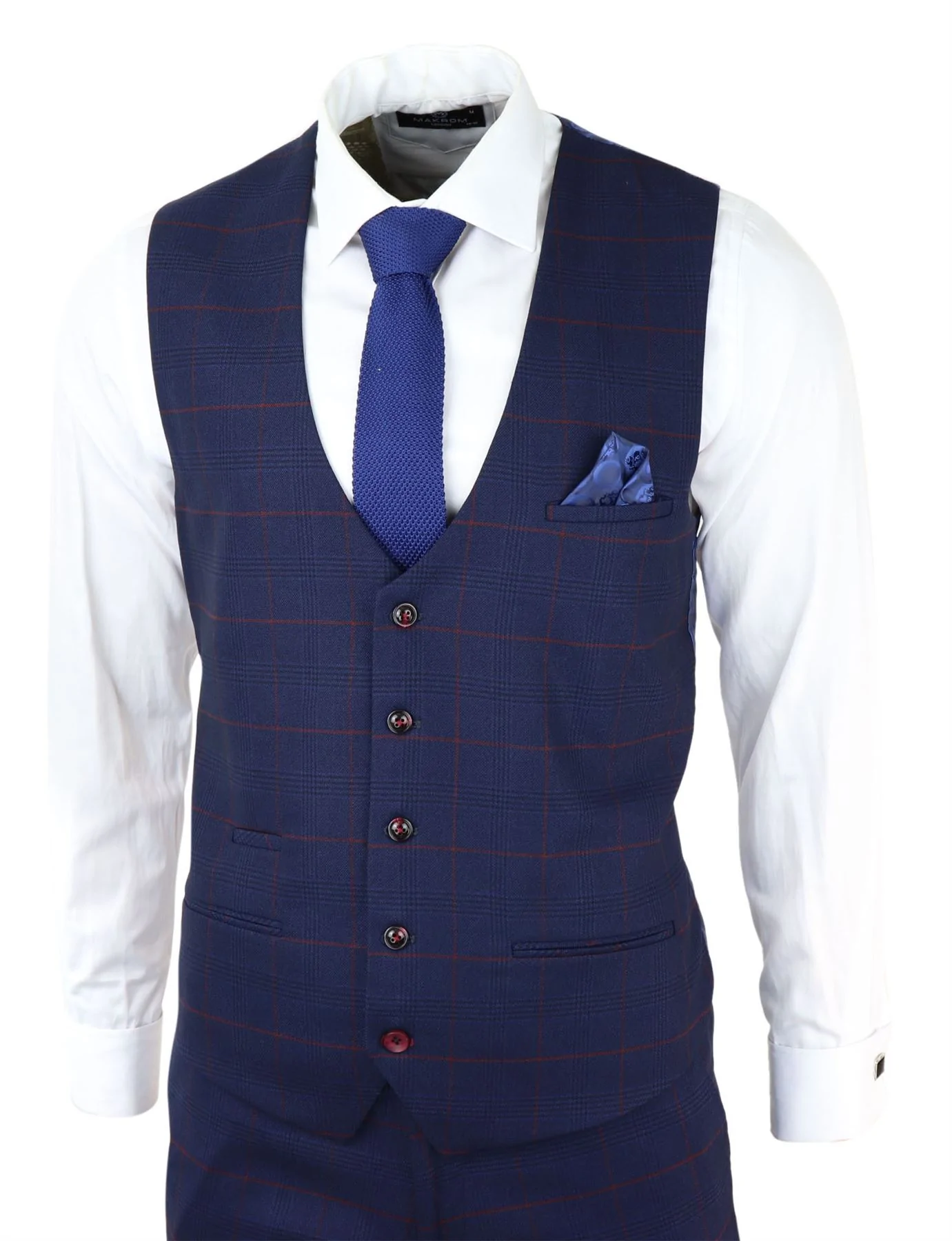 Mens Navy Check 3 Piece Suit Red Edinson Marc Darcy Classic Vintage Wedding - Image 2