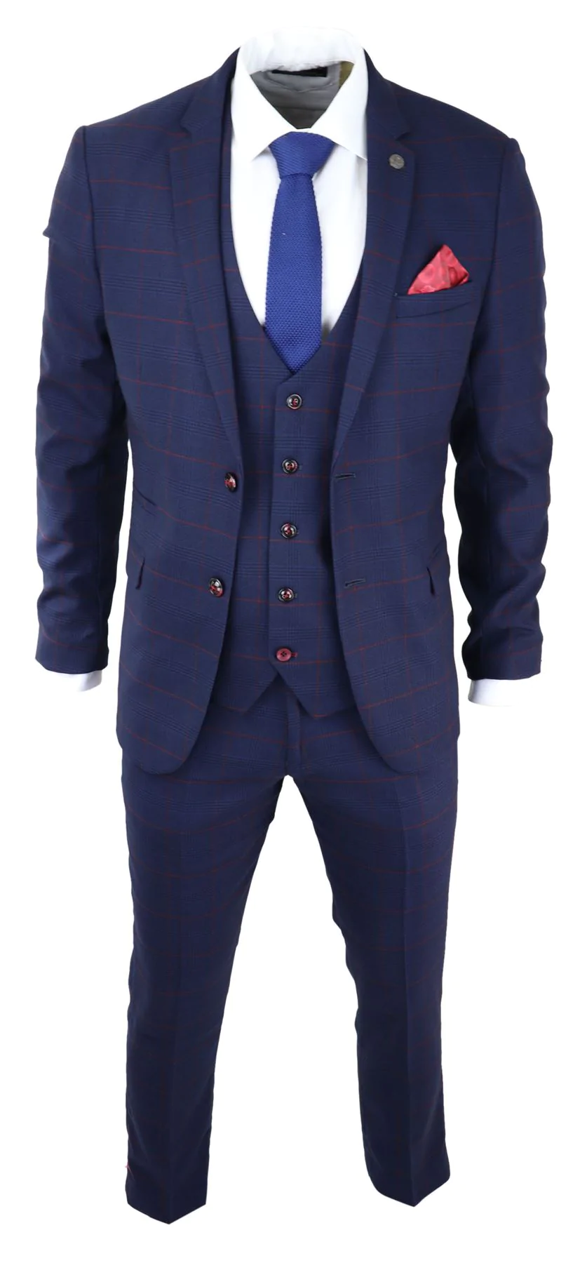 Mens Navy Check 3 Piece Suit Red Edinson Marc Darcy Classic Vintage Wedding - Image 3