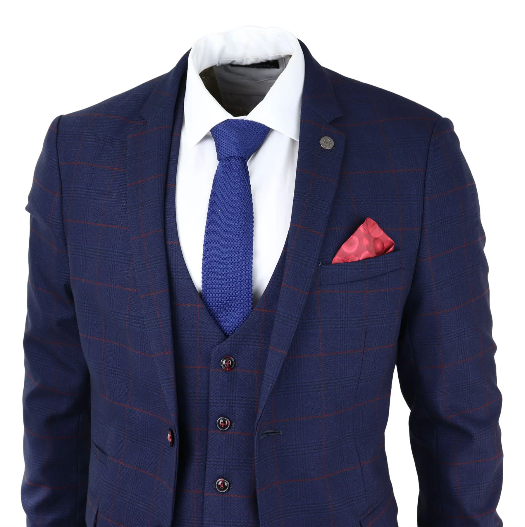 Mens Navy Check 3 Piece Suit Red Edinson Marc Darcy Classic Vintage Wedding - Image 4