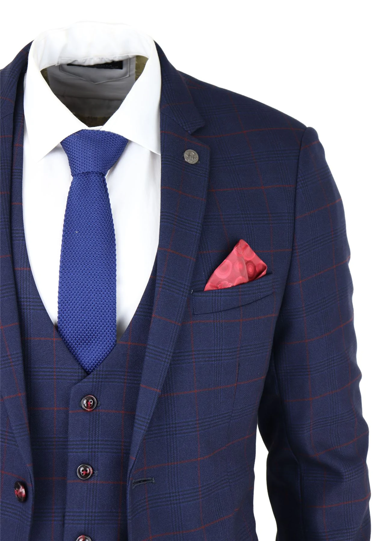 Mens Navy Check 3 Piece Suit Red Edinson Marc Darcy Classic Vintage Wedding - Image 5