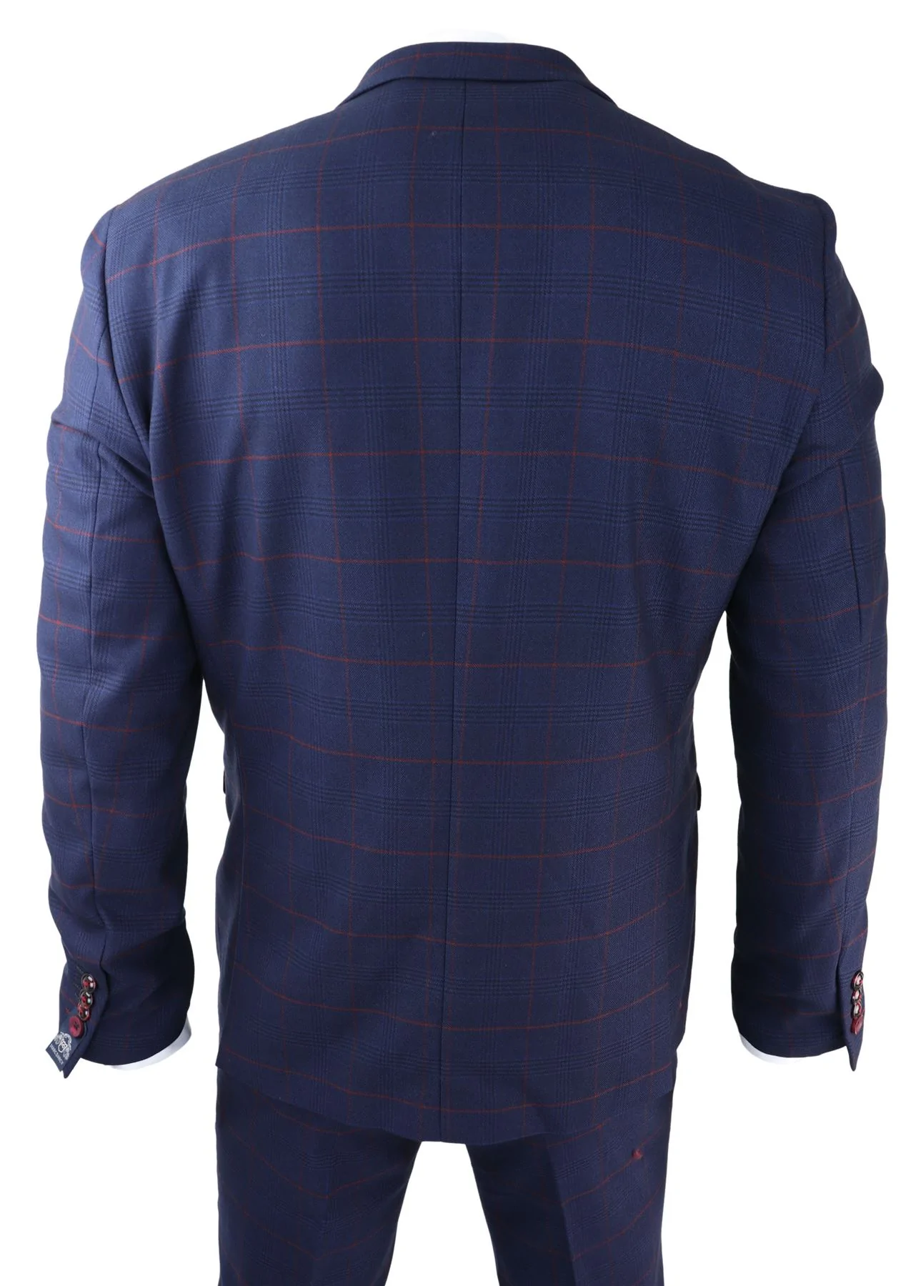 Mens Navy Check 3 Piece Suit Red Edinson Marc Darcy Classic Vintage Wedding - Image 6