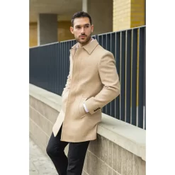 Men’s Classic Collar Wool Blend Beige Overcoat