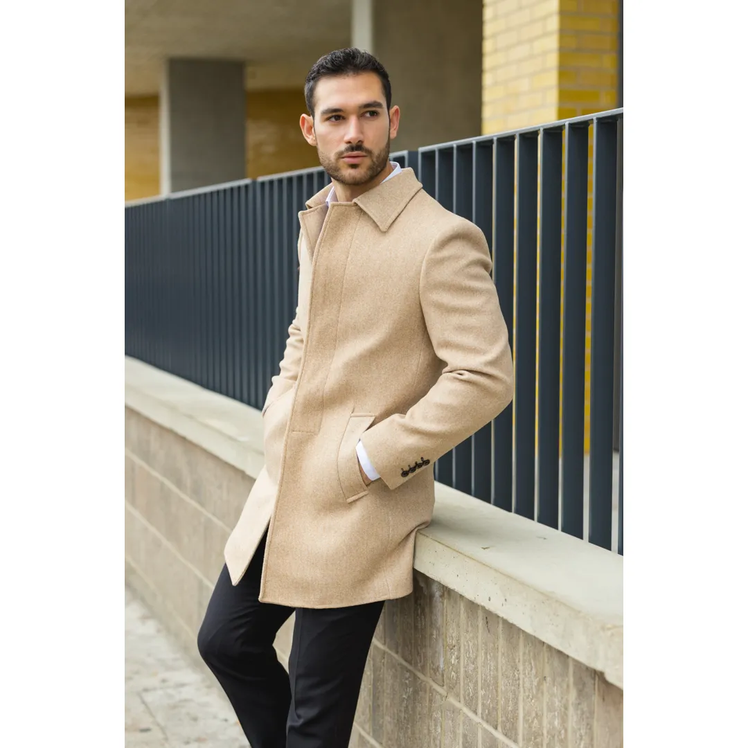 Men’s Classic Collar Wool Blend Beige Overcoat