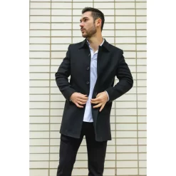 Men’s Classic Collar Wool Blend Black Overcoat