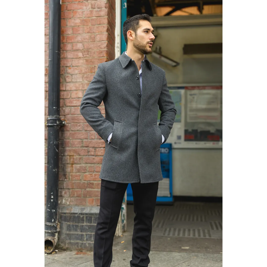 Men’s Classic Collar Wool Blend Grey Overcoat - Image 2