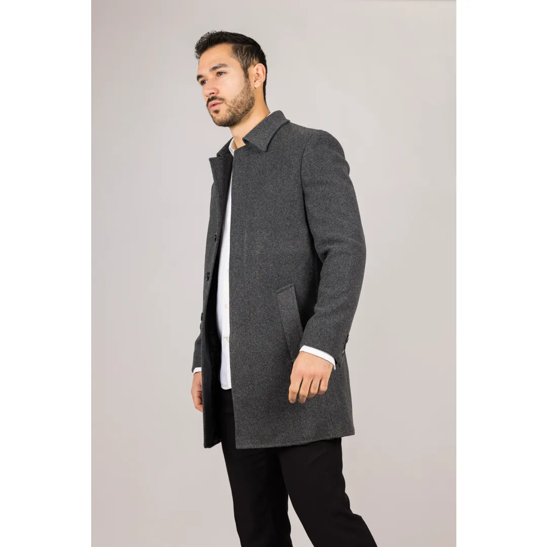 Men’s Classic Collar Wool Blend Grey Overcoat - Image 4