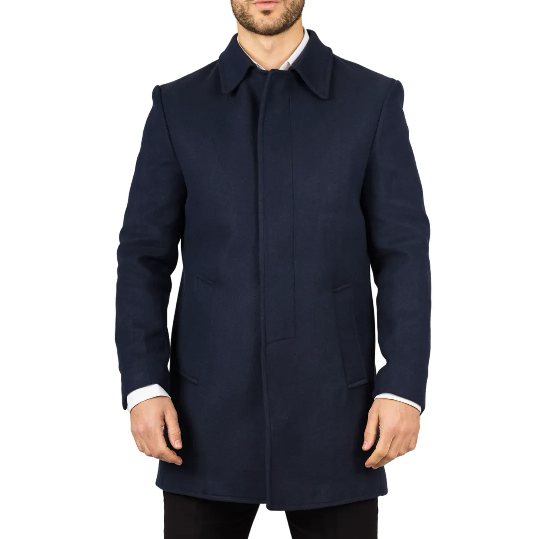 Men’s Classic Collar Wool Blend Navy Overcoat - Image 6