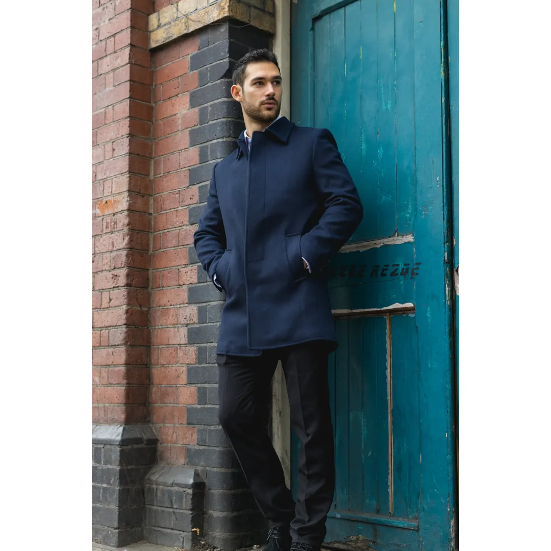 Men’s Classic Collar Wool Blend Navy Overcoat - Image 7
