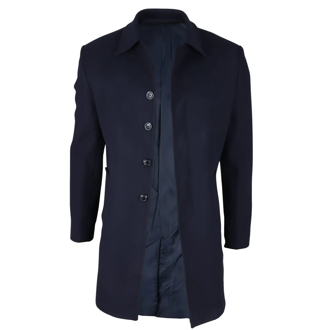 Men’s Classic Collar Wool Blend Navy Overcoat - Image 2
