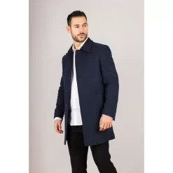 Men’s Classic Collar Wool Blend Navy Overcoat
