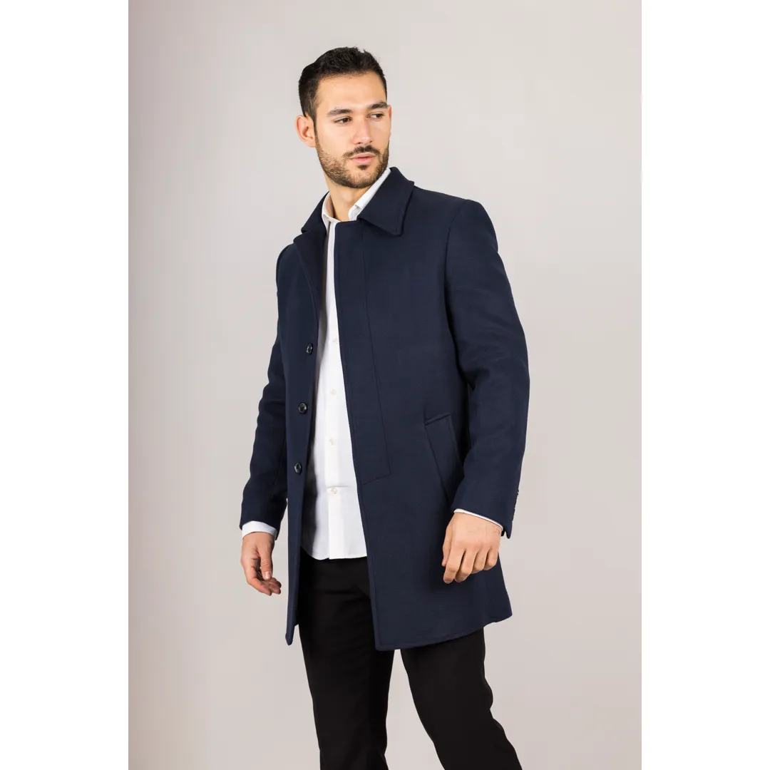 Men’s Classic Collar Wool Blend Navy Overcoat