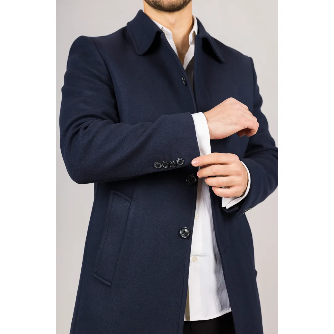 Men’s Classic Collar Wool Blend Navy Overcoat - Image 3