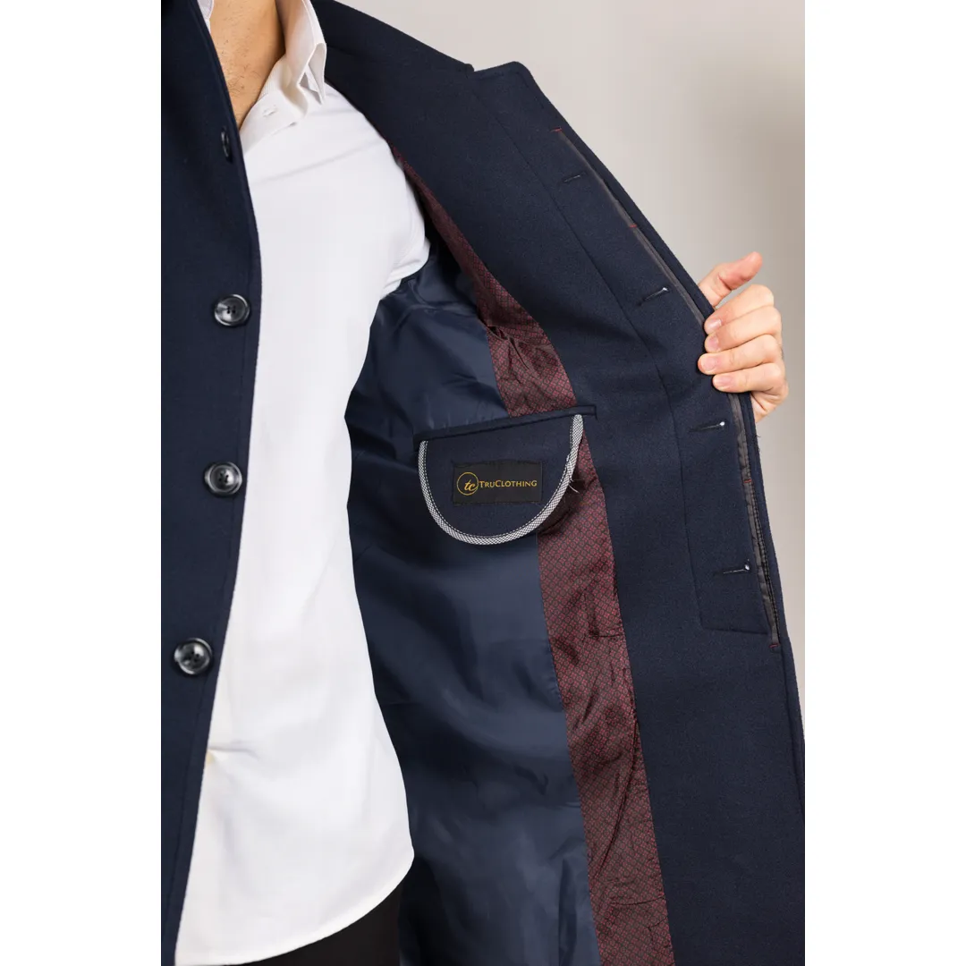 Men’s Classic Collar Wool Blend Navy Overcoat - Image 4