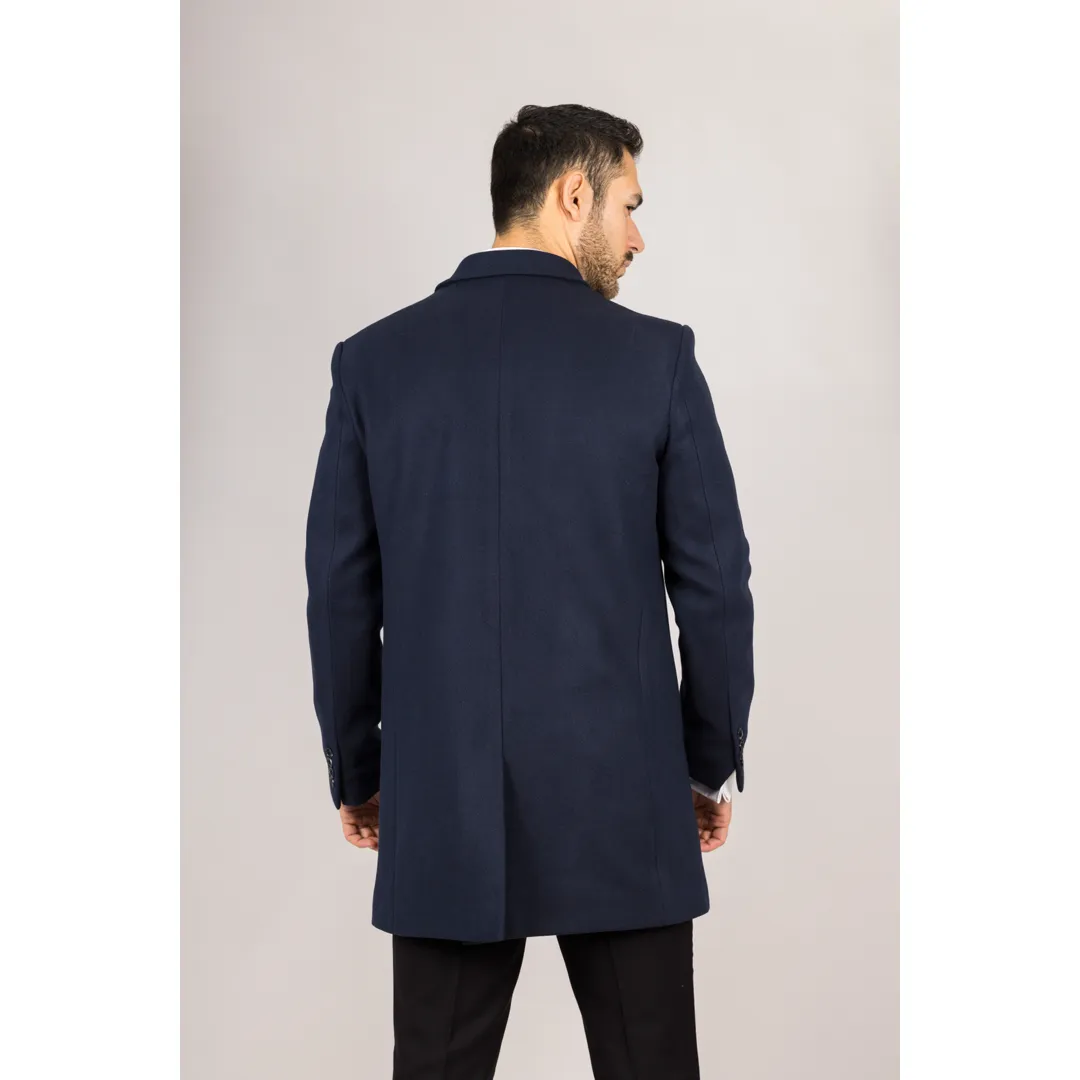 Men’s Classic Collar Wool Blend Navy Overcoat - Image 5