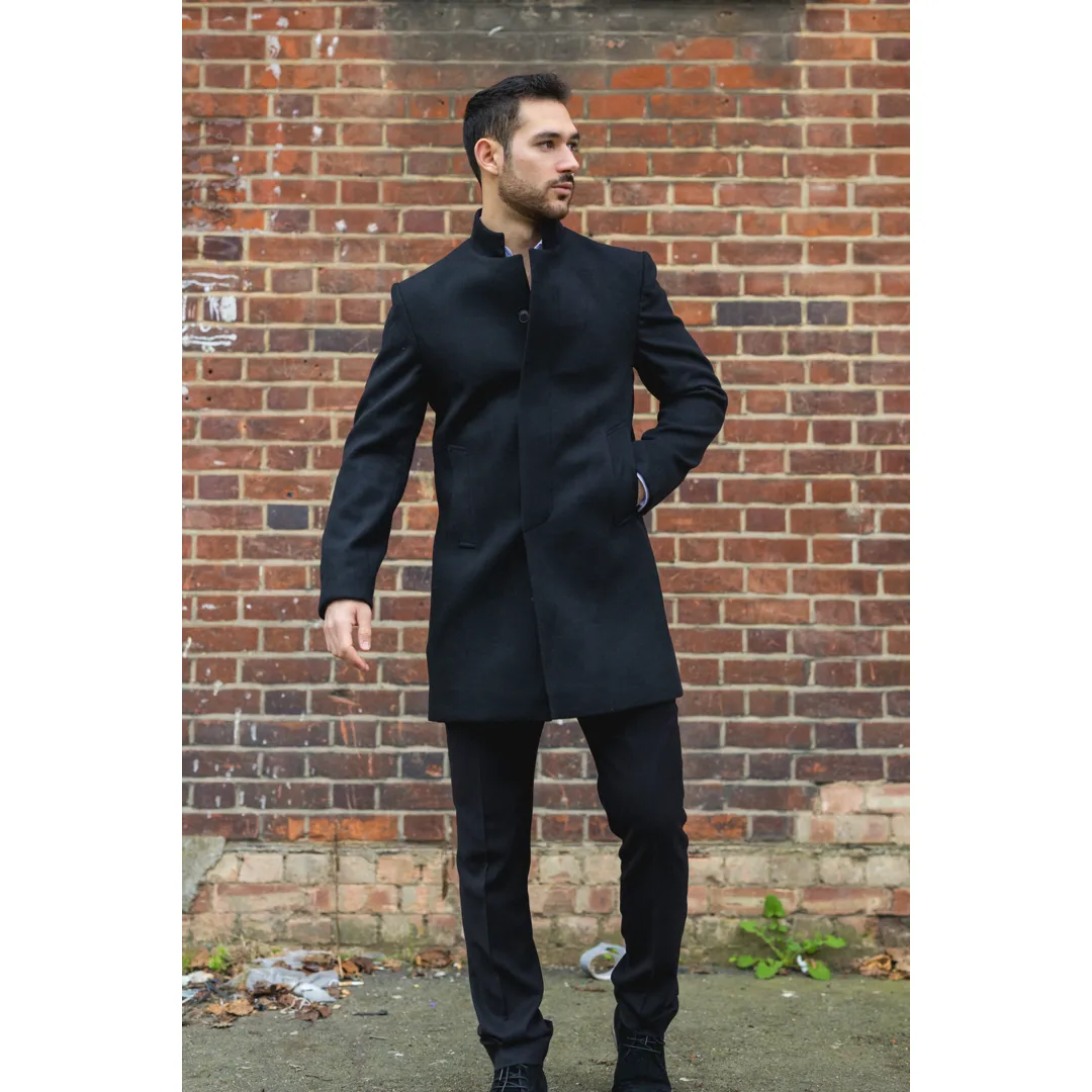 Men’s Stand Collar Wool Blend Black Overcoat - Image 7
