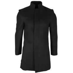 Men’s Stand Collar Wool Blend Black Overcoat