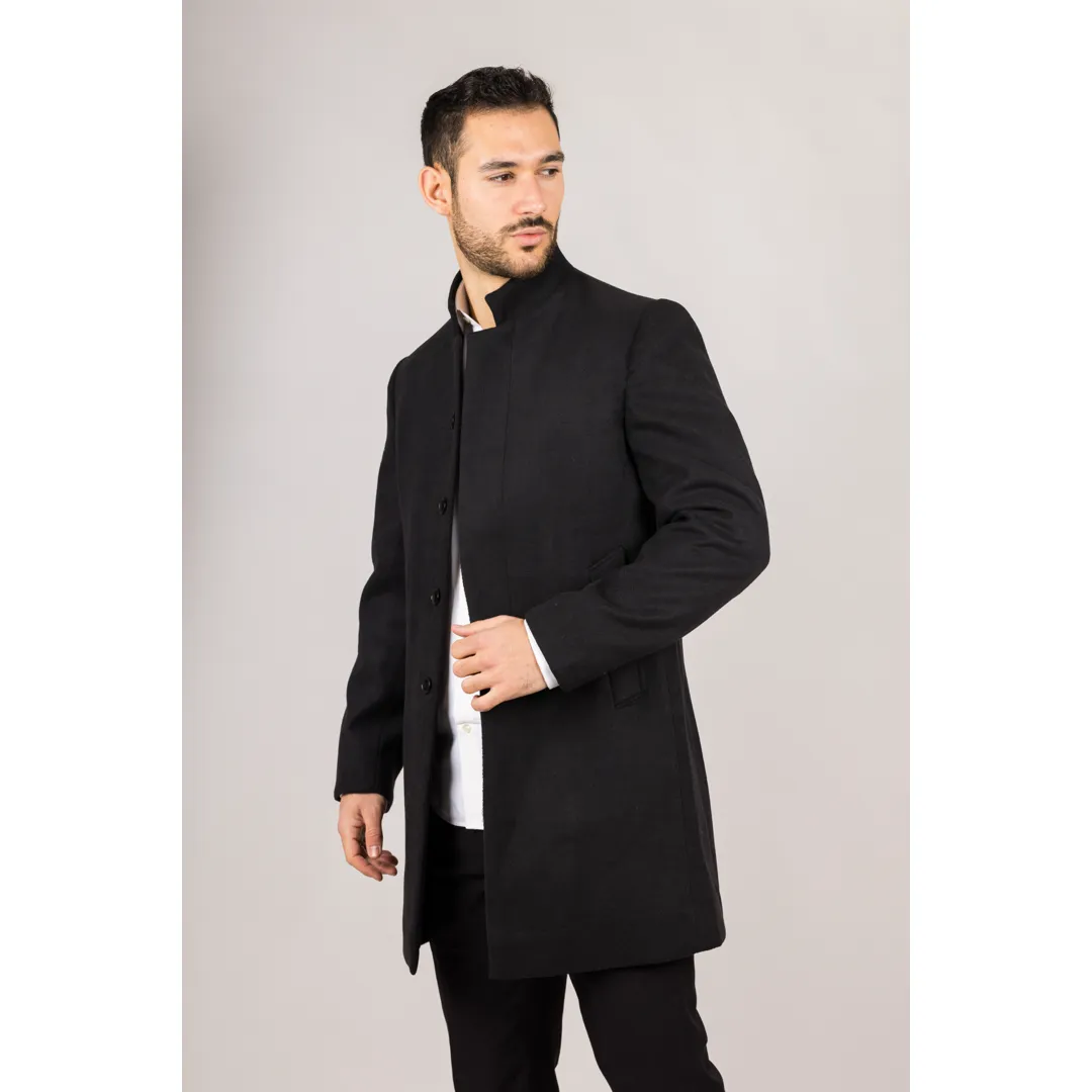 Men’s Stand Collar Wool Blend Black Overcoat - Image 2