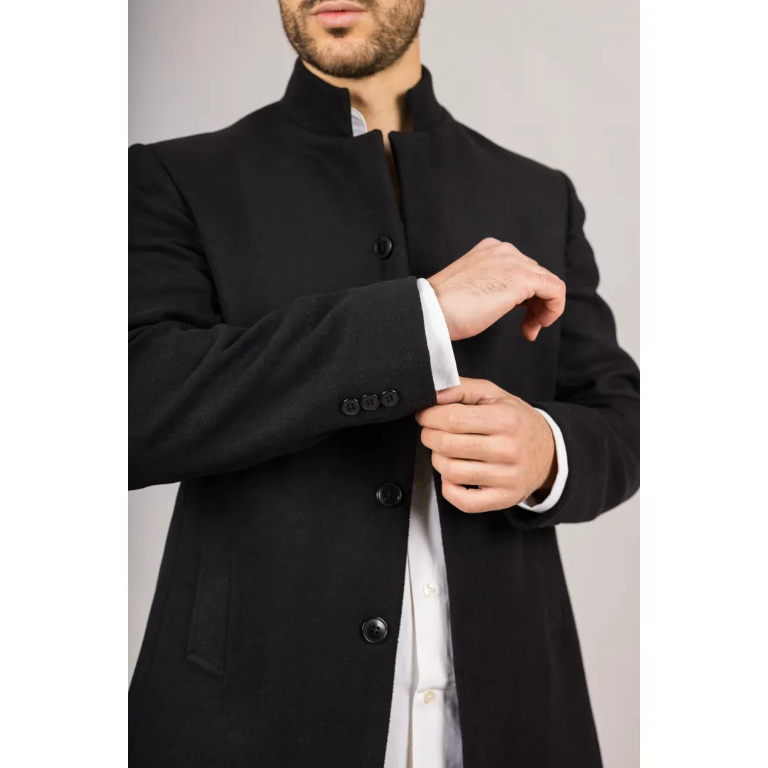 Men’s Stand Collar Wool Blend Black Overcoat - Image 3