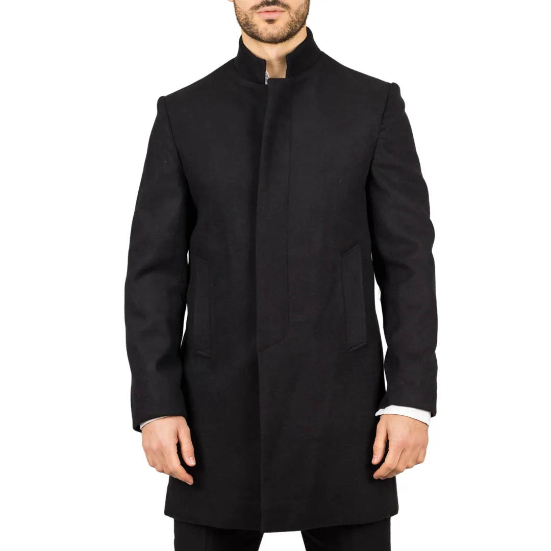Men’s Stand Collar Wool Blend Black Overcoat - Image 5