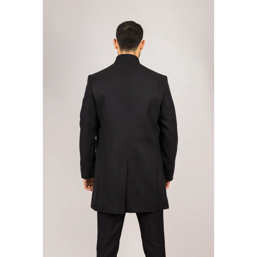 Men’s Stand Collar Wool Blend Black Overcoat - Image 6