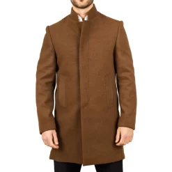 Men’s Stand Collar Wool Blend Brown Overcoat