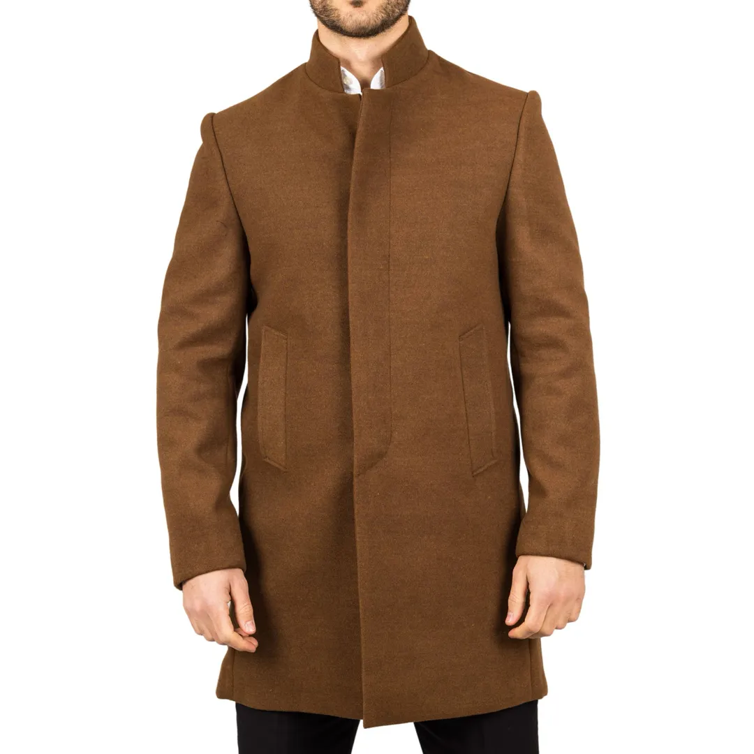Men’s Stand Collar Wool Blend Brown Overcoat