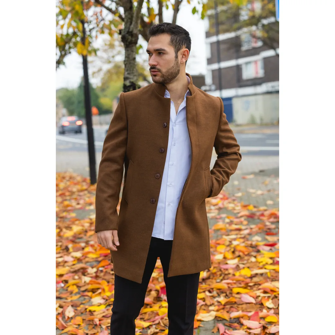 Men’s Stand Collar Wool Blend Brown Overcoat - Image 2
