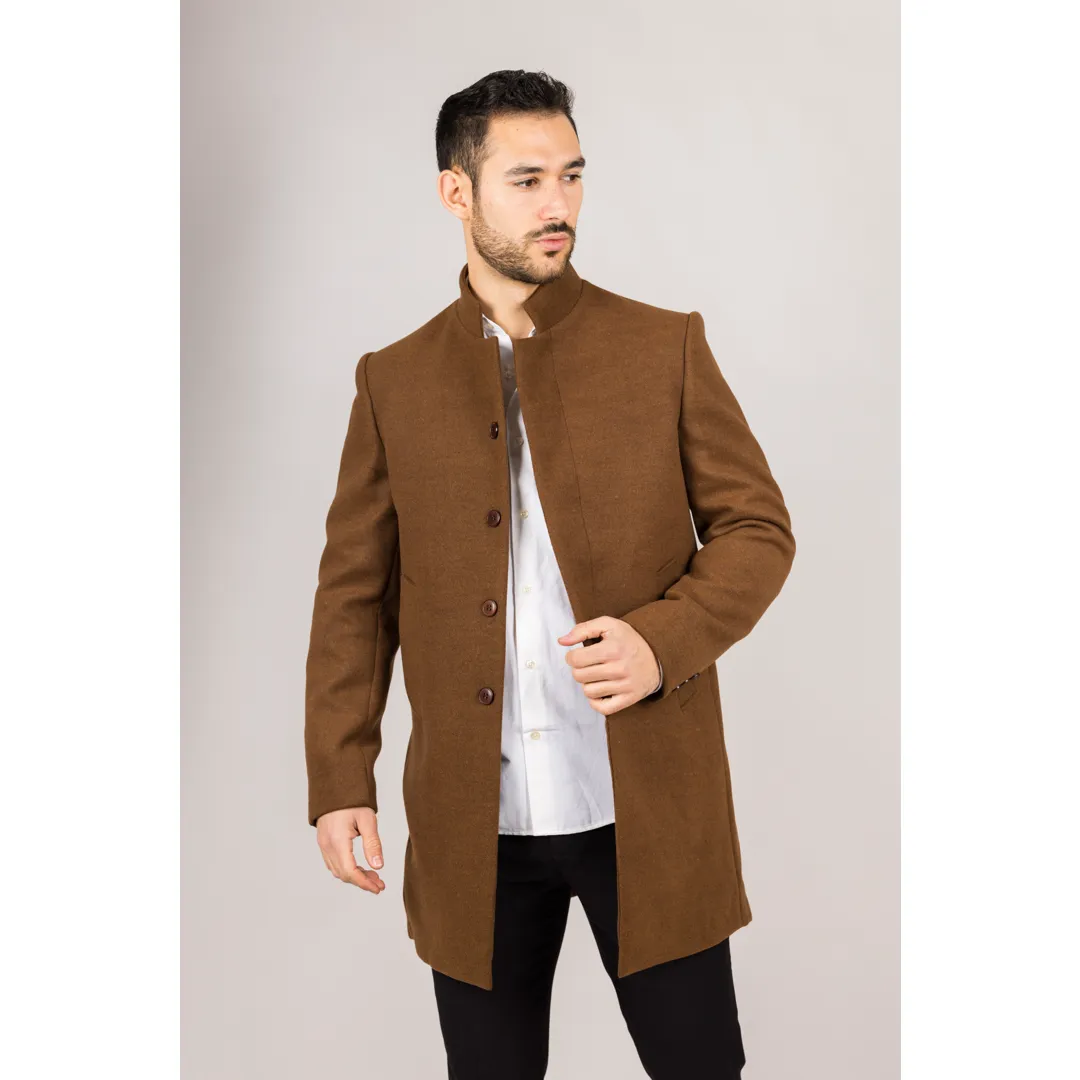 Men’s Stand Collar Wool Blend Brown Overcoat - Image 3