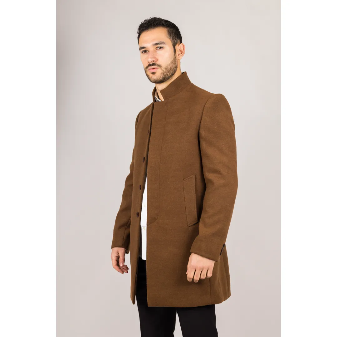 Men’s Stand Collar Wool Blend Brown Overcoat - Image 4