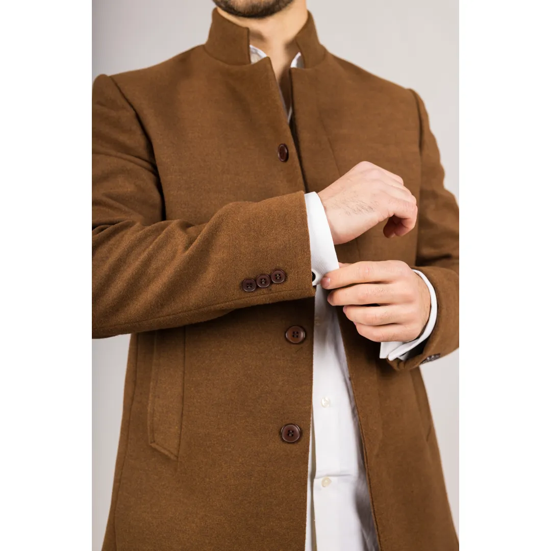 Men’s Stand Collar Wool Blend Brown Overcoat - Image 5