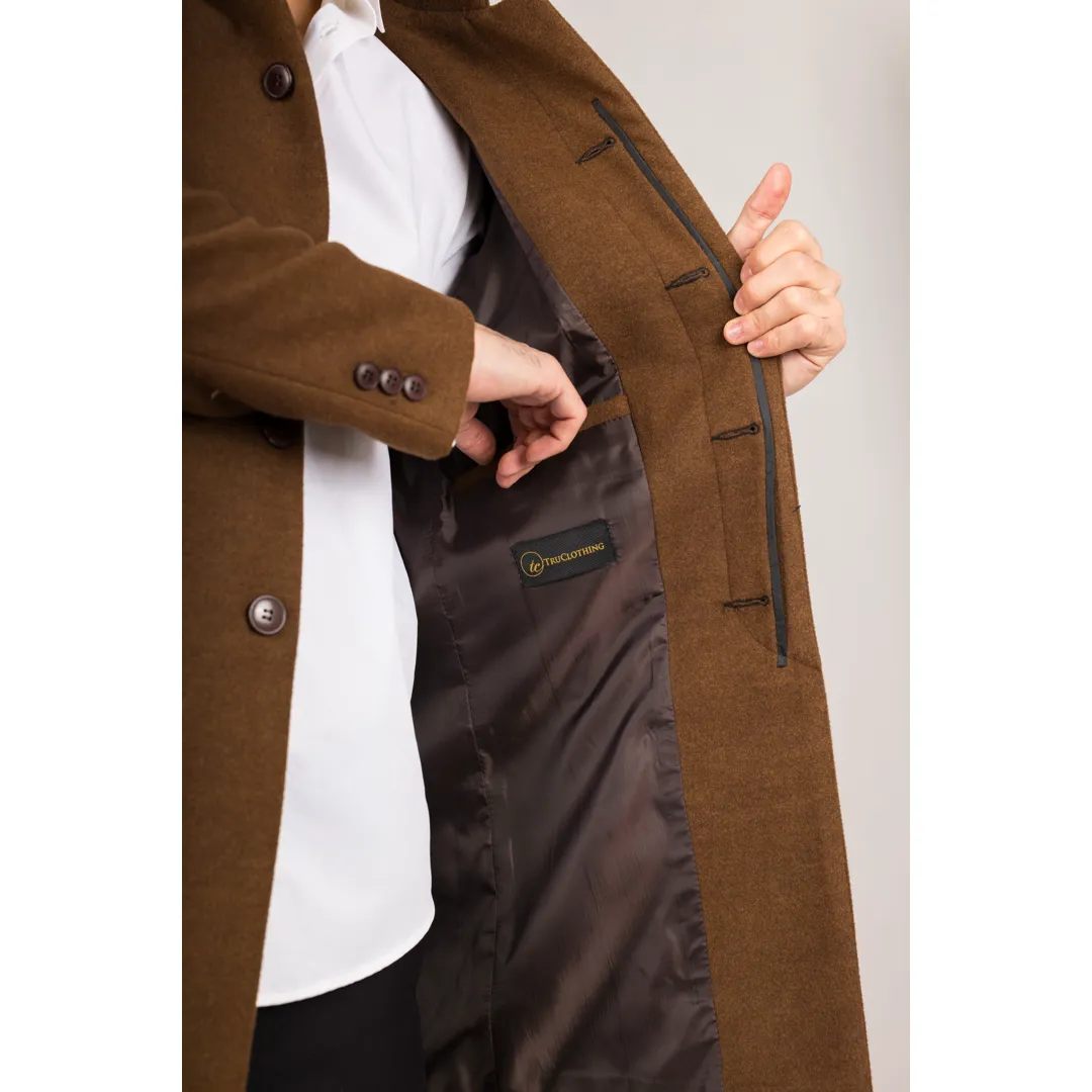 Men’s Stand Collar Wool Blend Brown Overcoat - Image 6