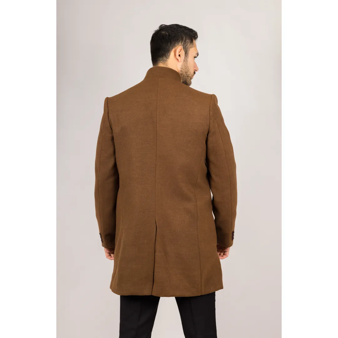 Men’s Stand Collar Wool Blend Brown Overcoat - Image 7