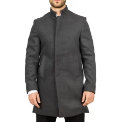 Men’s Stand Collar Wool Blend Grey Overcoat