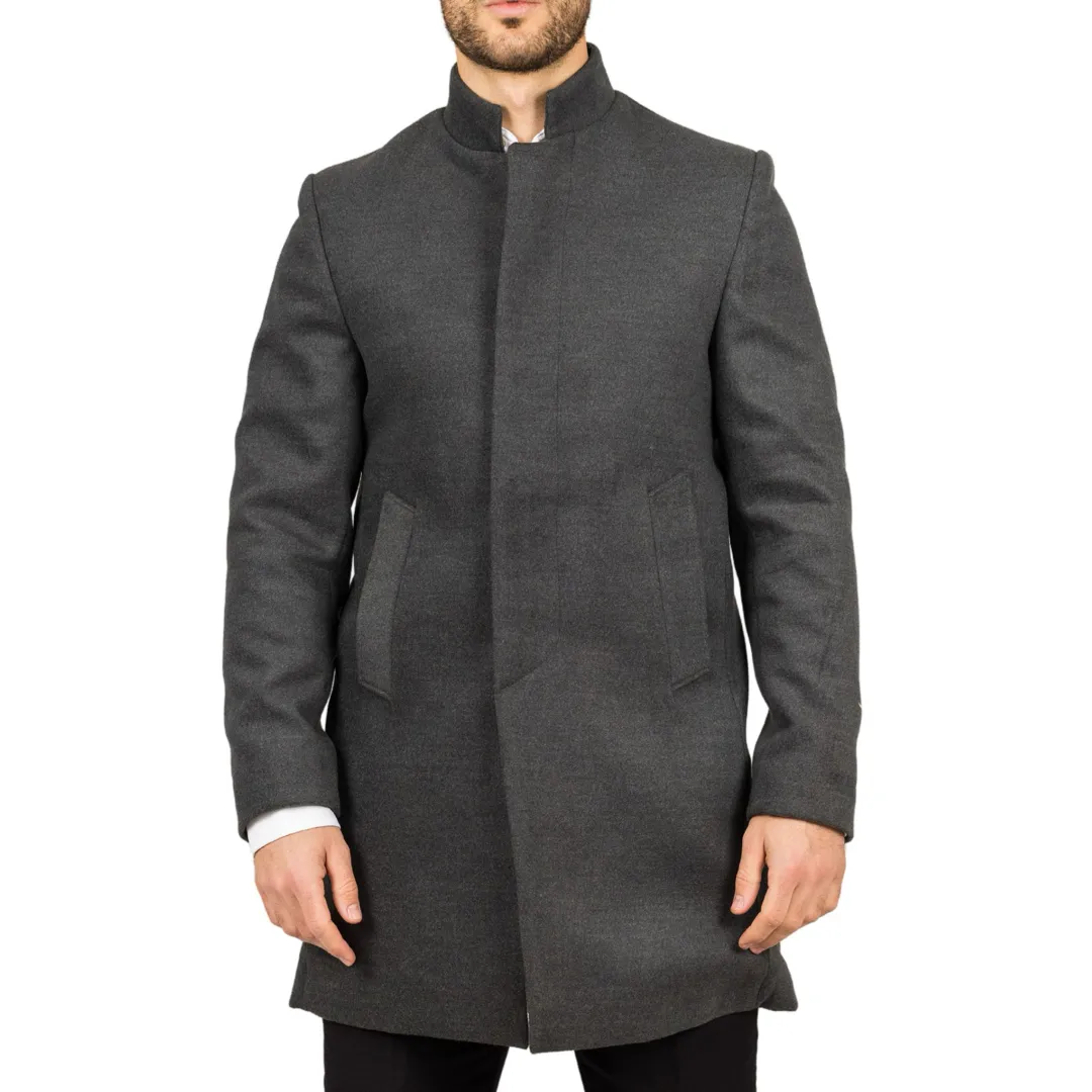 Men’s Stand Collar Wool Blend Grey Overcoat