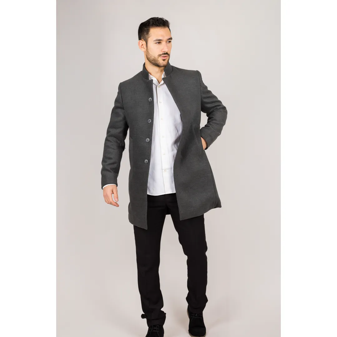 Men’s Stand Collar Wool Blend Grey Overcoat - Image 3