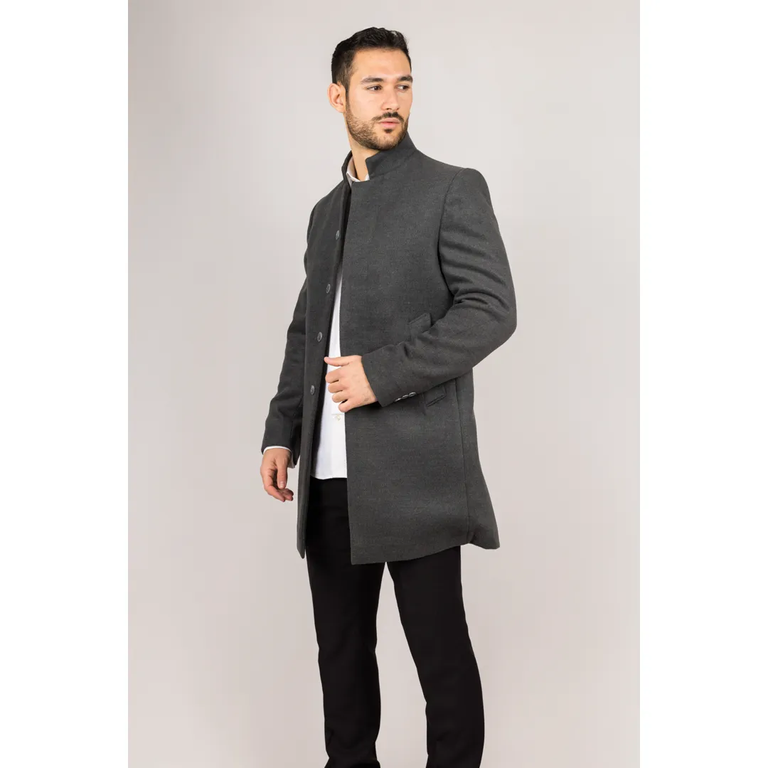 Men’s Stand Collar Wool Blend Grey Overcoat - Image 4