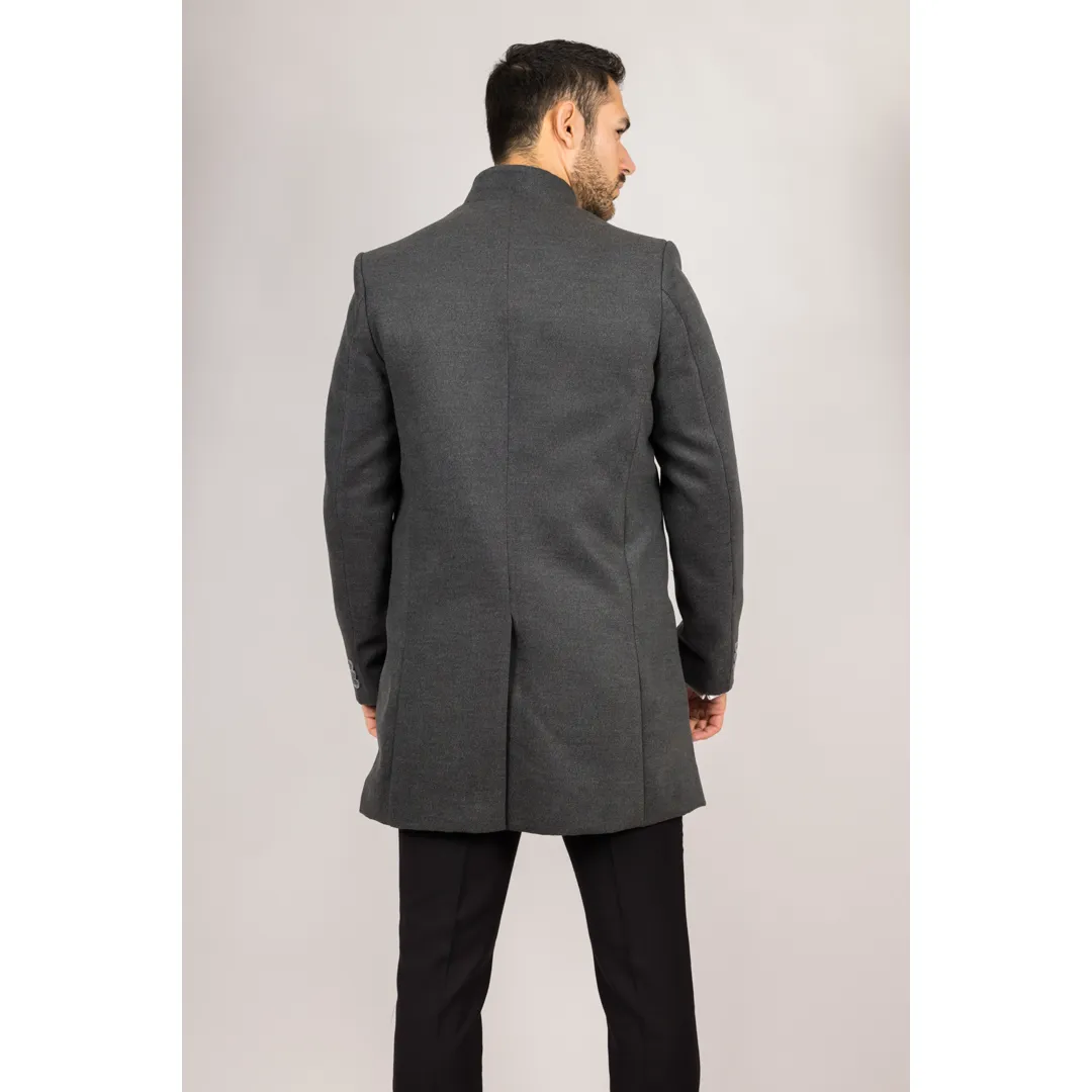 Men’s Stand Collar Wool Blend Grey Overcoat - Image 7
