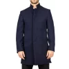 Men’s Stand Collar Wool Blend Navy Overcoat