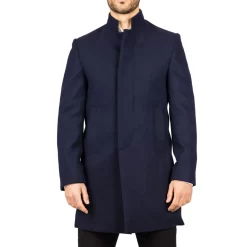 Men’s Stand Collar Wool Blend Navy Overcoat