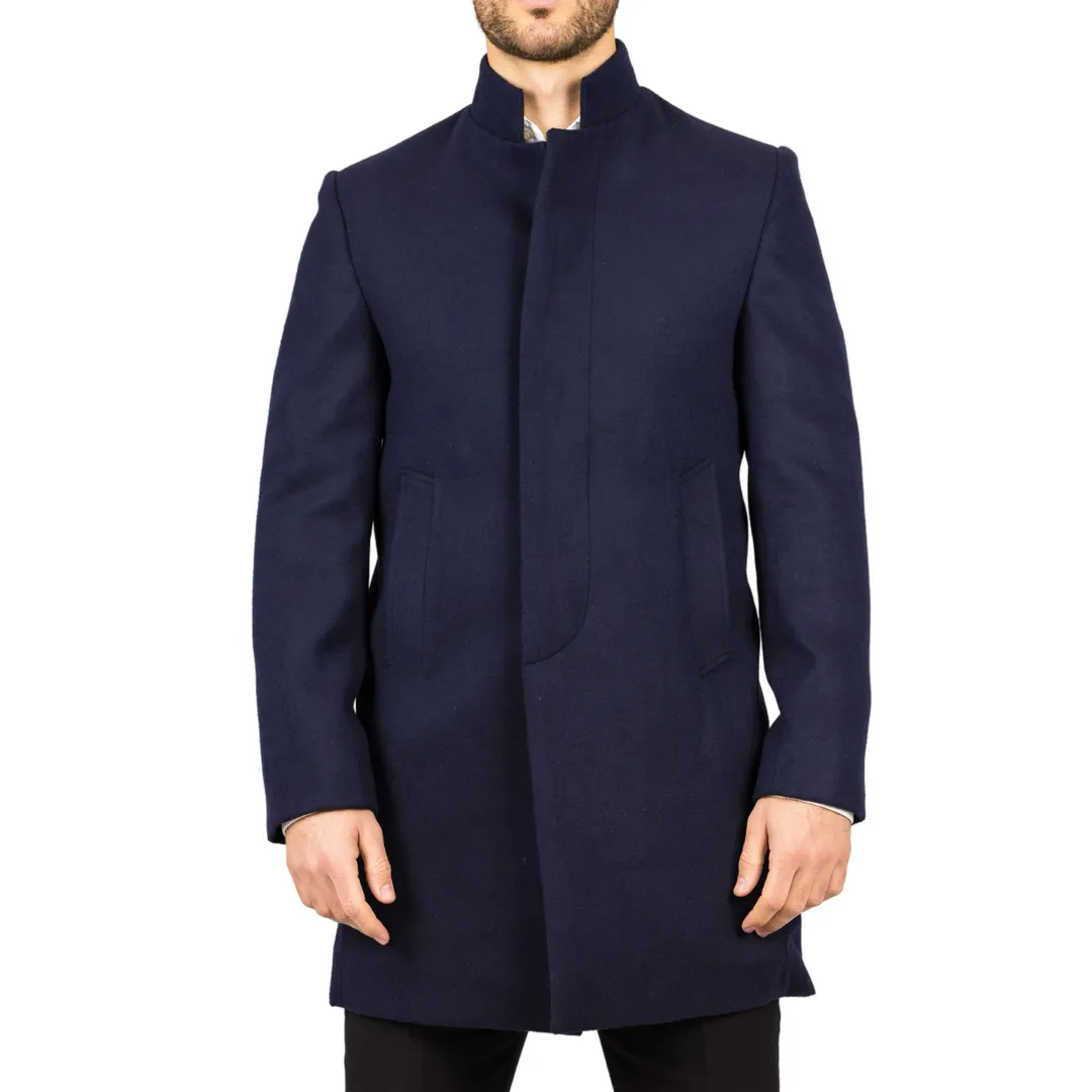 Men’s Stand Collar Wool Blend Navy Overcoat