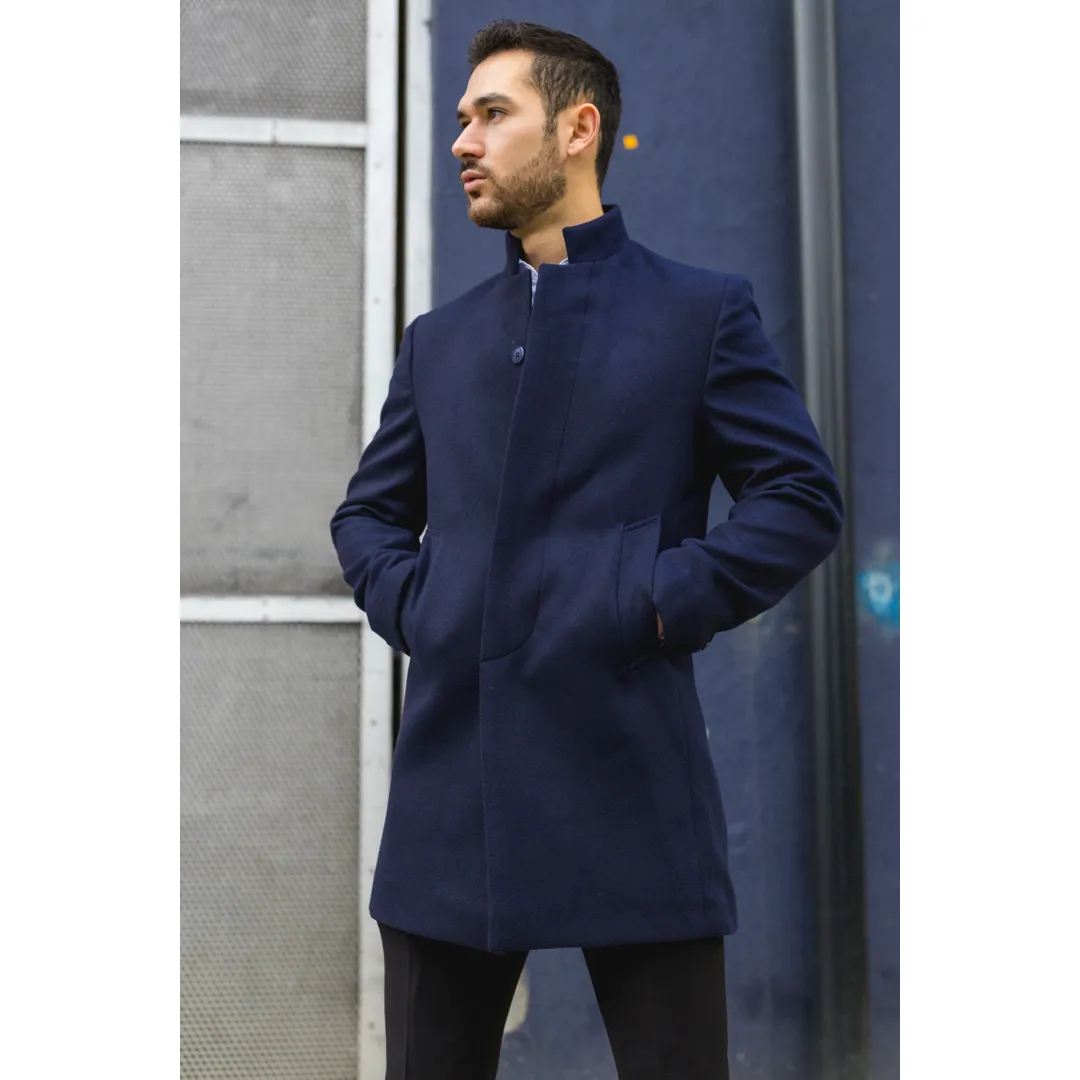 Men’s Stand Collar Wool Blend Navy Overcoat - Image 2