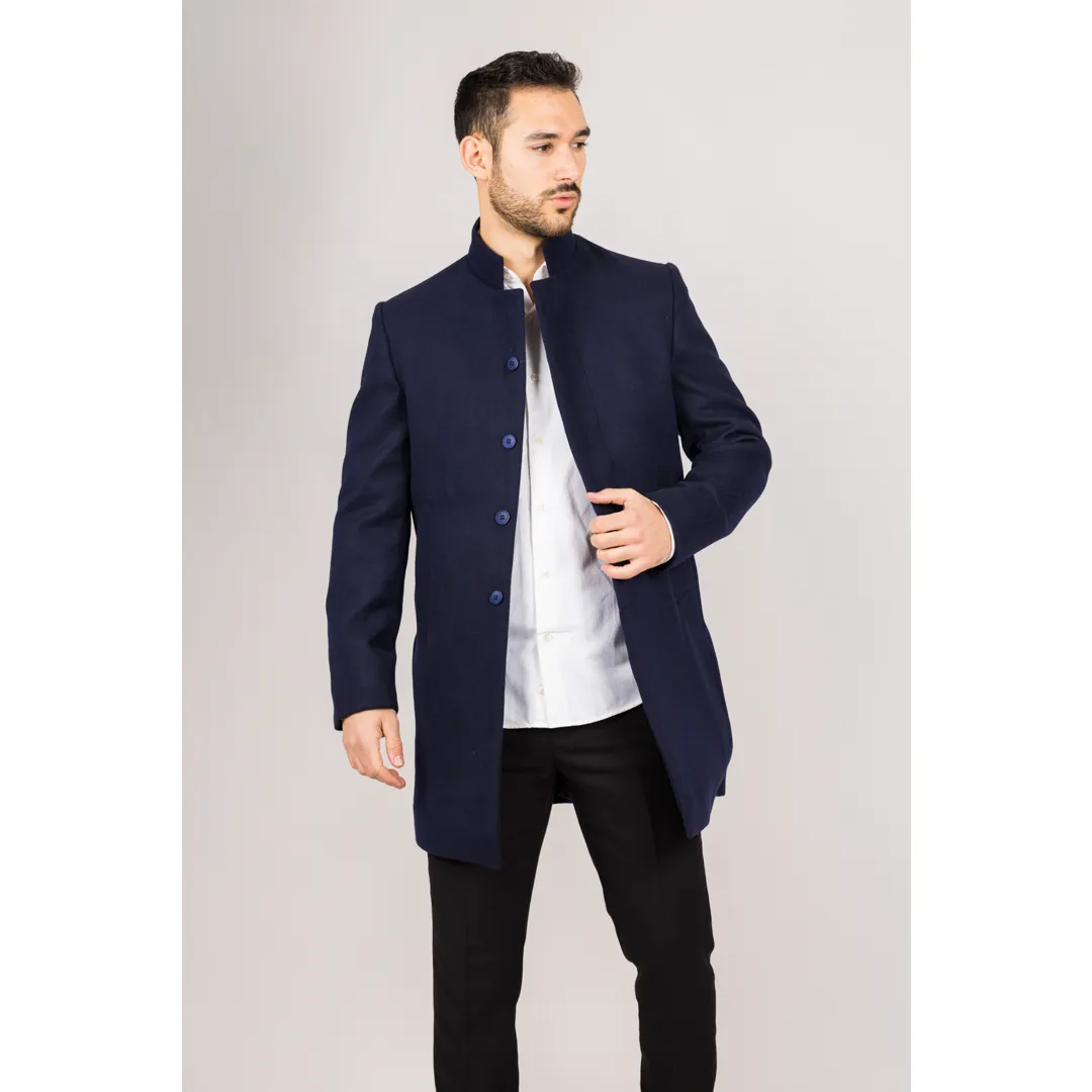 Men’s Stand Collar Wool Blend Navy Overcoat - Image 3