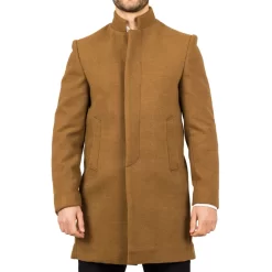 Men’s Stand Collar Wool Blend Tan Overcoat