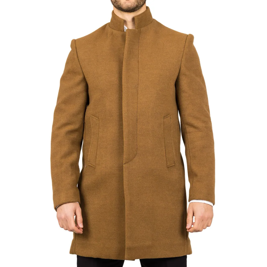 Men’s Stand Collar Wool Blend Tan Overcoat