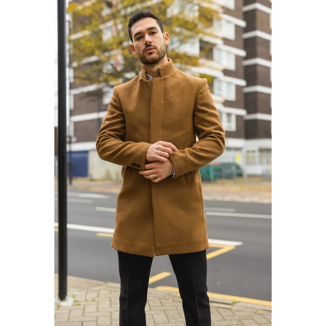 Men’s Stand Collar Wool Blend Tan Overcoat - Image 2