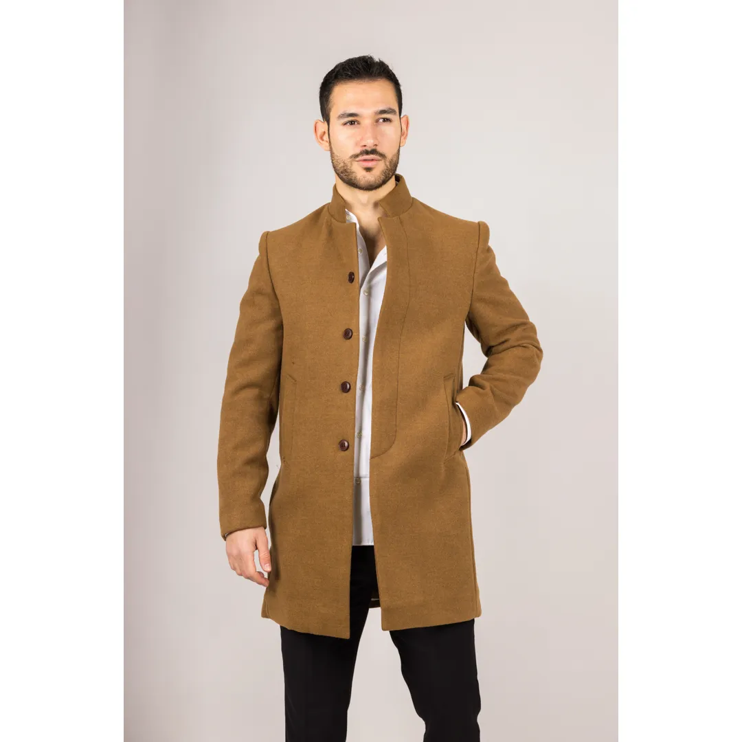 Men’s Stand Collar Wool Blend Tan Overcoat - Image 3