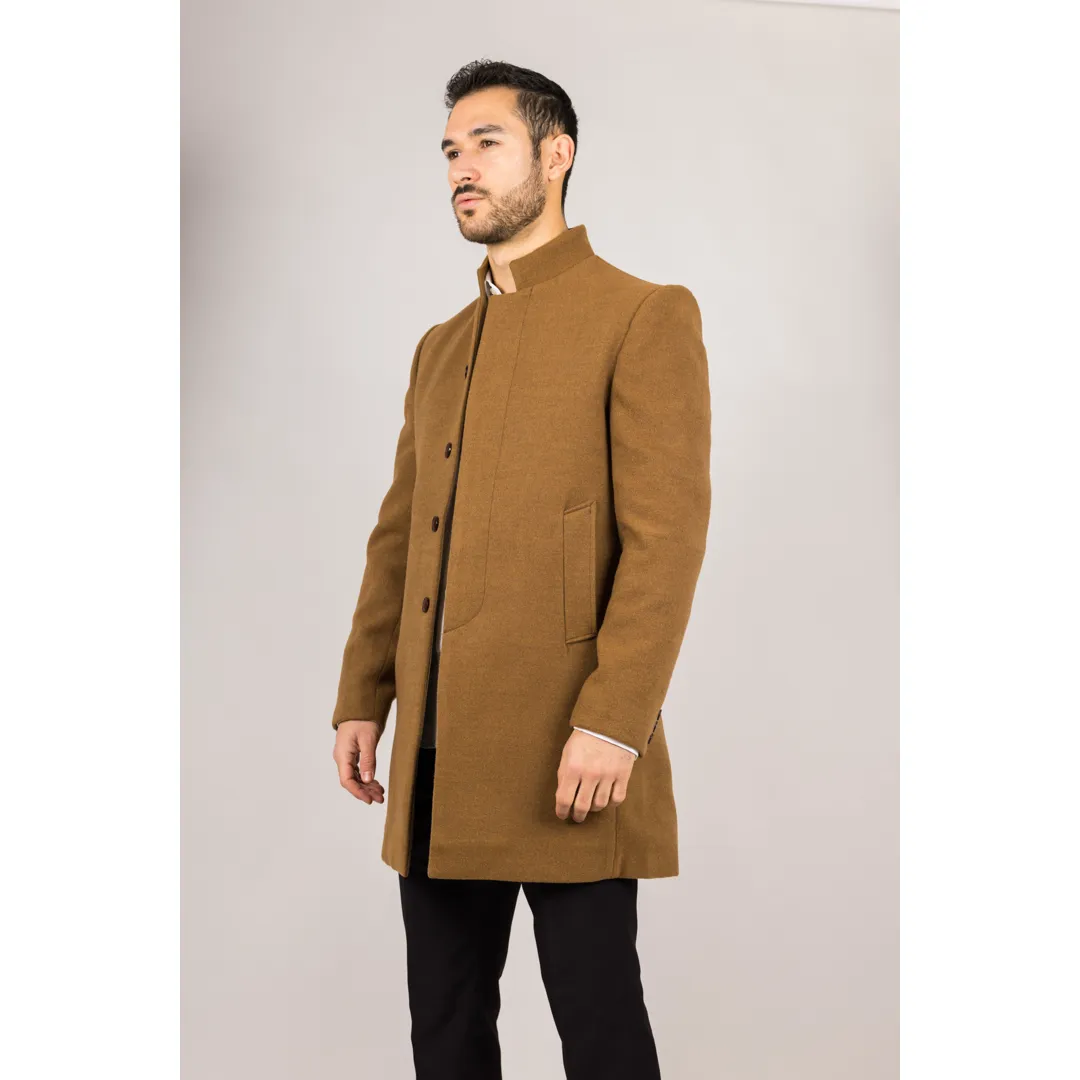 Men’s Stand Collar Wool Blend Tan Overcoat - Image 4