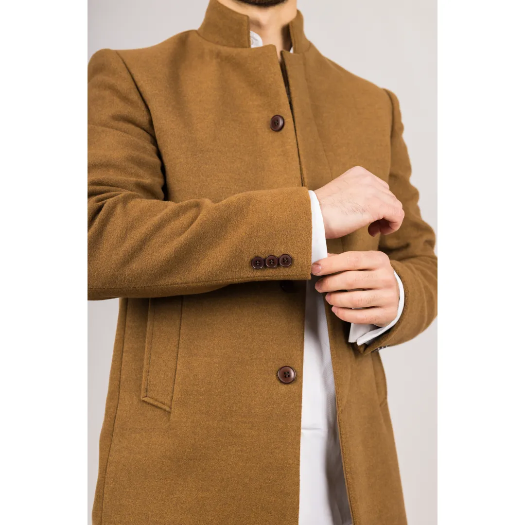 Men’s Stand Collar Wool Blend Tan Overcoat - Image 5